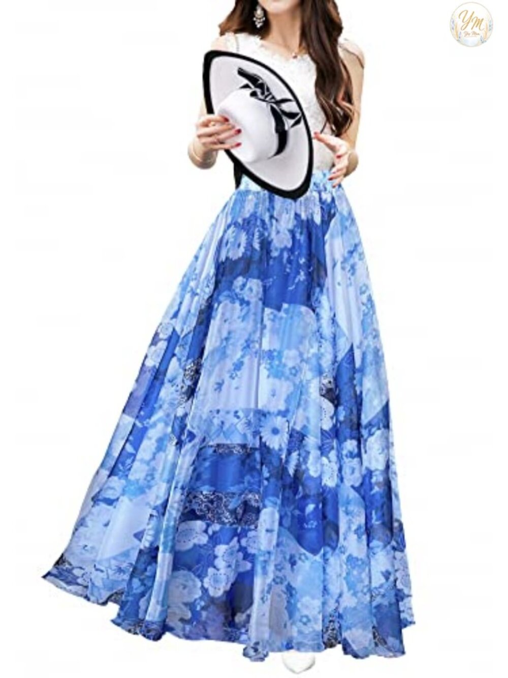 100% Chiffon Maxi Skirt High Rise Floral Elastic Waist